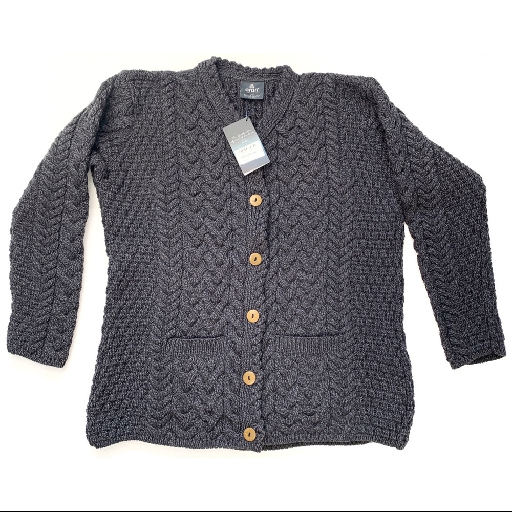 Aran Woollen Mills Women's Fisherman Irish Merino Wool Cardigan Sweater Grey XXL